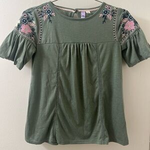 Alya Green Blouse Puff Sleeve Pink Floral Embroidery Stitching